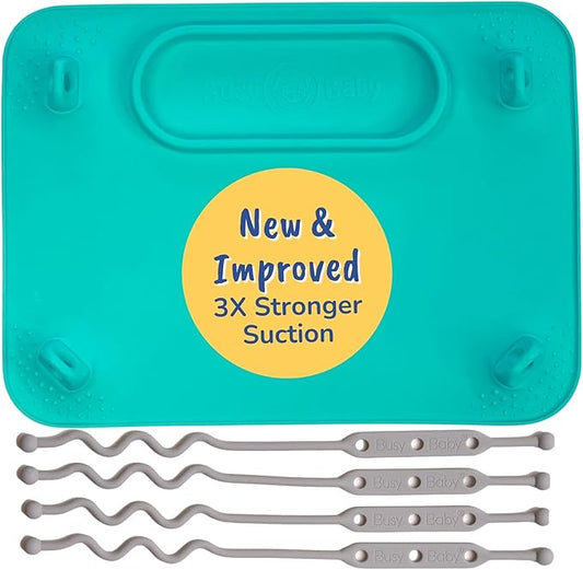 BUSY BABY Silicone Mat - New and Improved Suction Cups, 4 Straps to Secure Baby Essentials, Self Feeding, Baby Led Weaning, Travel Sleeve Included (Spearmint)