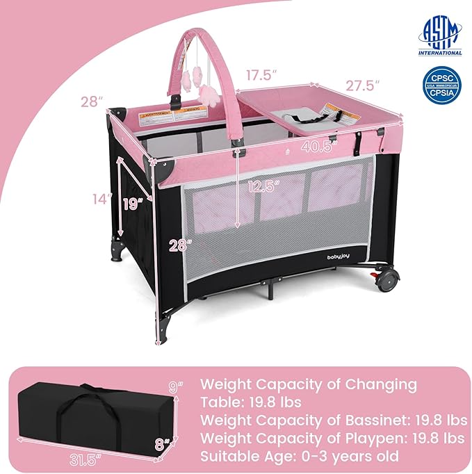 BABY JOY 3 in 1 Pink Pack and Play, Travel Baby Crib Bassinet Bed with Bassinet for Girl, Changing Table w/Safety Belt, Toy Bar, Lockable Wheels, Portable Baby Playard from Newborn to Toddler