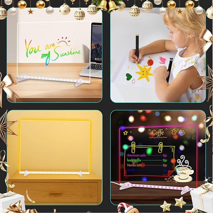 LED Note Board with Colors, 13.7"X10" 4 Modes & 7 Colors Acrylic Dry Erase Board with Light, Include Adapter, Hanging Chain, Led Drawing Board for Kids with Stand, 7 Markers, Spray Bottle ﻿