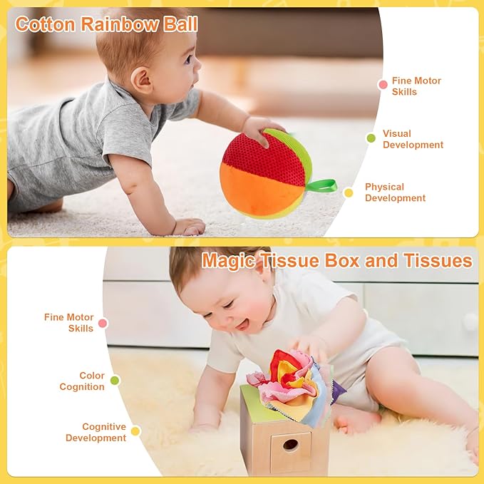 Adena Montessori Play Kit for 0-6 Month Baby,9 in 1 Learning Kit Includ Black&White Card,Rainmake Rattle,Sensory Ball,Tummy Time Wobbler,Tissue Box,Tissue,Rainbow Ball,Rainbow Drum,Suction Cup Spinner