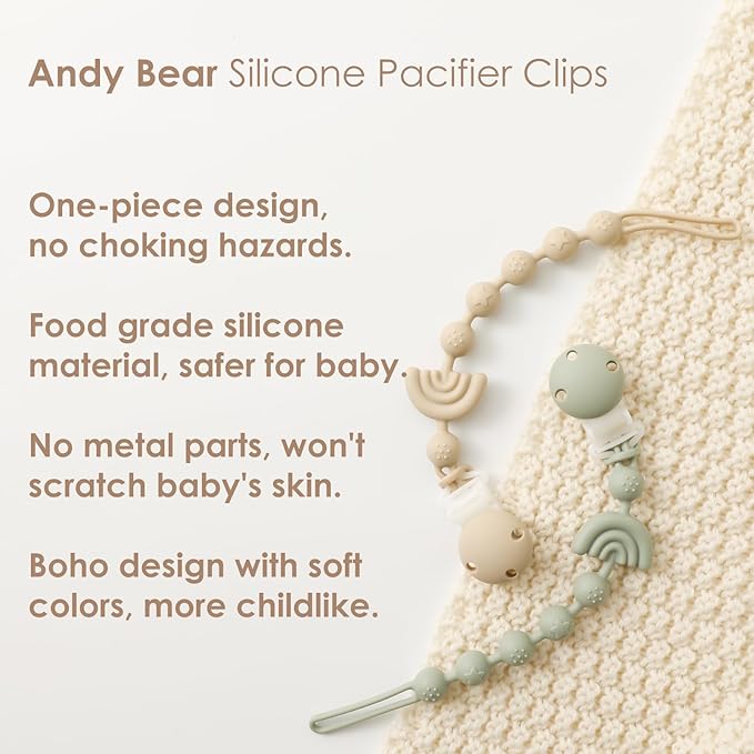 Baby Pacifier Clips One Piece Binky Clip Holder Silicone Teether Clip Pacifier Straps with Clip Baby Teether Toys for Boys and Girls Set of 3 Andy Bear-Ivory+Sage+Baby Blue