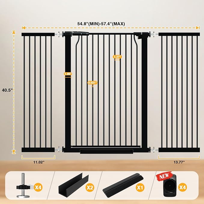 40.5" Tall Baby Gate 54.7-57.4" Wide No Drilling Tall Pet Gate Cat Gate Extra Wide Baby Gate Safety,Extra Narrow Auto-Close for Indoor Stairs, Doorways, and Kitchen