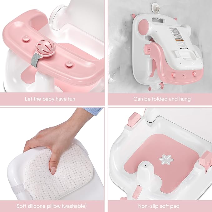 Baby Bath Seat with Sitting & Lying 2 Modes, 3-Speed Adjustment, Powerful Suction Cups, Infant Bathtub Chair with Washable Pillow, Folding and Hanging(Light Pink)