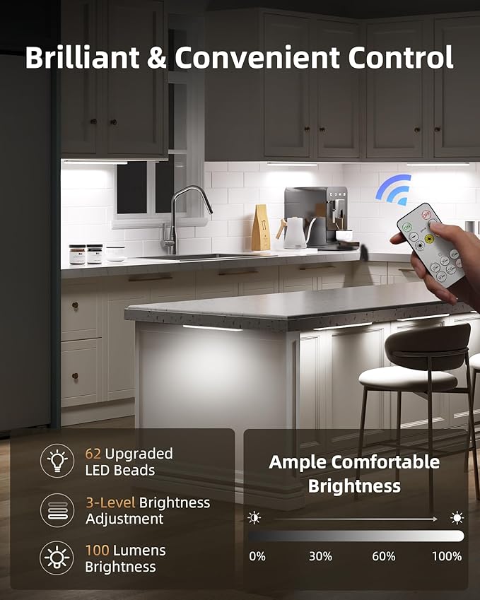 EZVALO 62 LEDs Under Cabinet Lighting, 2000mAh LED Closet Lights with Remote 3 Color Temps, Rechargeable Motion Sensor Lights Indoor Battery Operated, Wireless Under Counter Lights for Kitchen 3 Pack