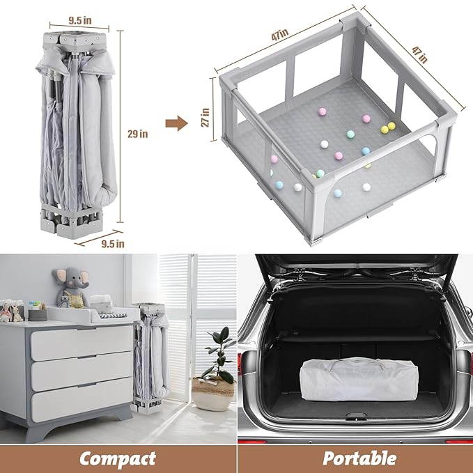 Joyibay Baby Playpen, 47x47 Foldable Playpen with Play Mat, Small Baby Playard, Baby Activity Play Fence Kids Baby Play pen for Babies Toddlers 1-3 Indoor Outdoor