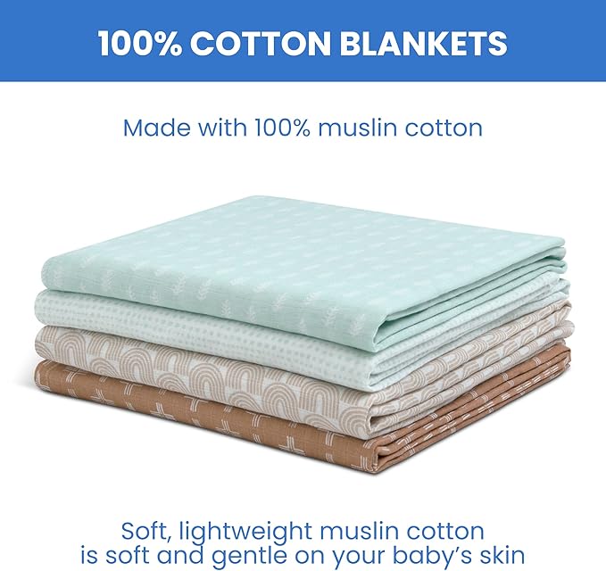 Delta Children 100% Cotton Muslin Baby Receiving Blankets for Girls and Boys – 47x47 Inches (Pack of 4), Neutral Boho