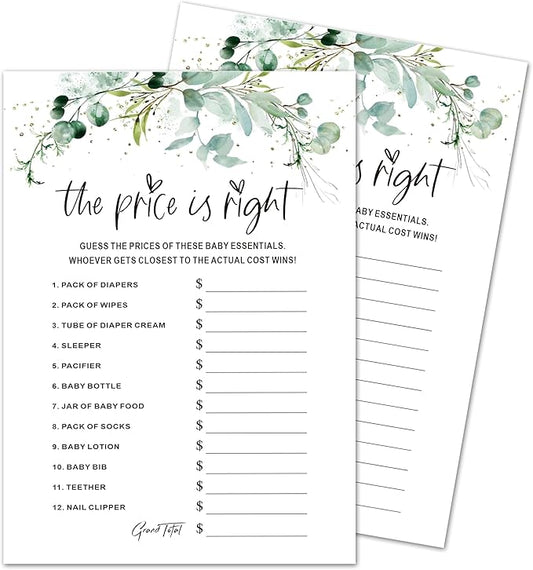 Baby Shower Game Cards - Set of 30 The Price Is Right Game - Greenery Double Sided Print Baby Announcement Gender Reveal Game Card For Parents To Be - Baby Shower Party Activities Supplies - A12