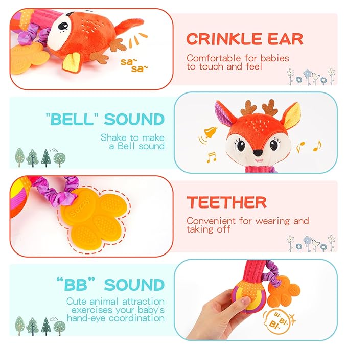 Baby rattles 0-6 months, Set of 2 rattles for babies 0-6 months, Soft Stuffed Animal Rattle Hand Grip Baby Toys, baby rattle Shaker Crinkle Squeaky Sensory Travel Accessories for 0 3 6 9 12 Months old