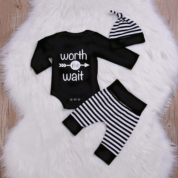 Baby Unisex Worth The Wait Arrow Printed Romper Striped Pant Hat Outfit Clothes (Black, Newborn)