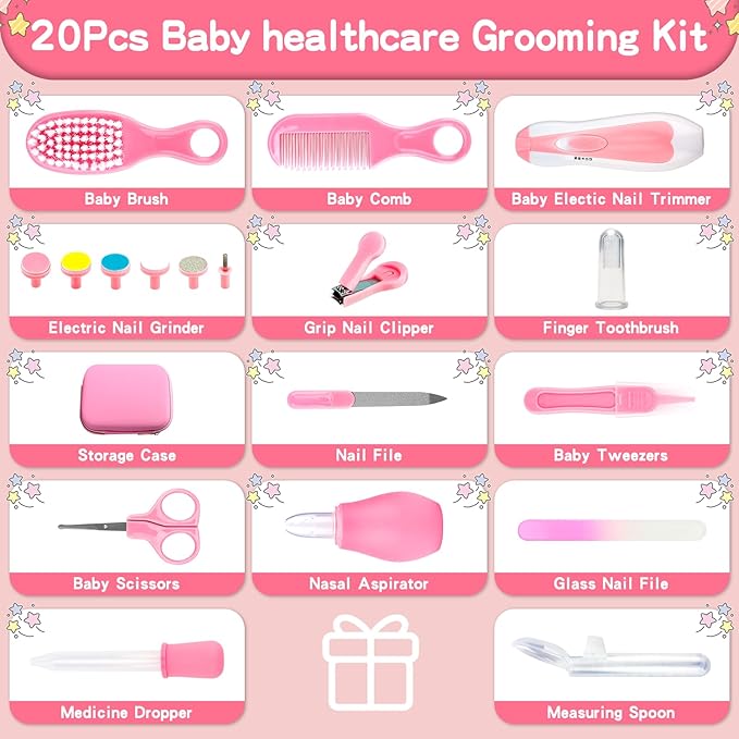 Baby Grooming Kit, Infant Safety Care Set with Hair Brush Comb Nail Clipper Nasal Aspirator,Baby Essentials Kit for Newborn Girls Boys (Pink 20 in 1)