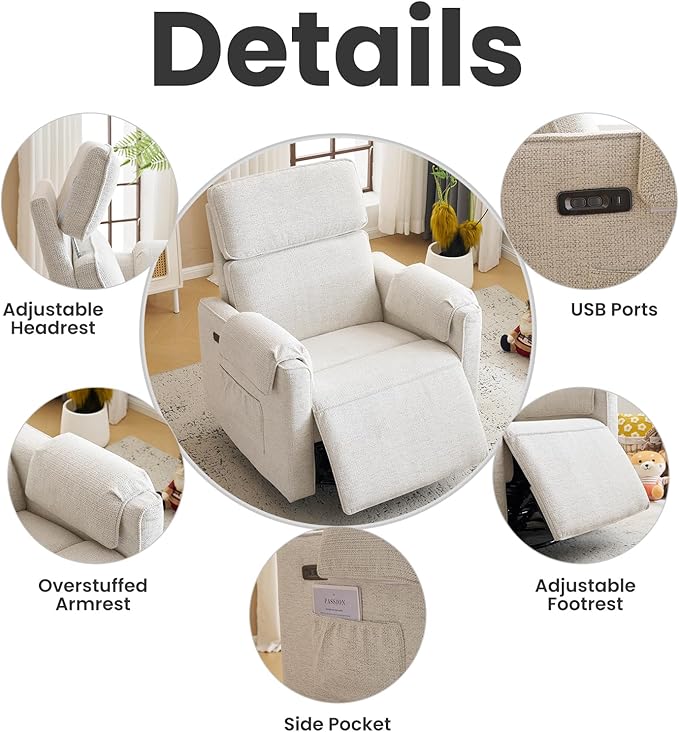 Oversized Power Recliner Chair Swivel Glider with Adjustable Headrest, Swivel Rocking Recliner Chair for Adults, 26" Extra Wide Glider Nursery Chair with Overstuffed Armrest, USB Ports, White
