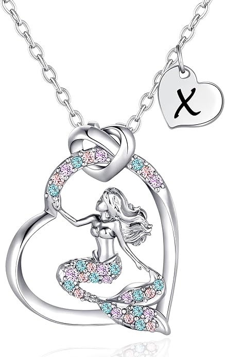 K-Acc 14K Gold-Plated Mermaid Initial Heart Necklace - Gifts for Girls
