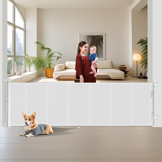 Upgraded 150 inch Retractable Baby Gates Extra Wide with Reinforced Strip Design to Prevent Crawling Through, 34" Tall, 12 FT Wide Retractable Dog Gate, Retractable Gate for Indoor/Outdoor