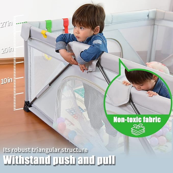 Foldable Baby Playpen 59X71 inch, iTiLike Playpen for Babies and Toddlers with 50 PCS Ocean Balls & 4 Handles, Indoor & Outdoor Kids Safety Play Pen Area, Portable Travel Play Yard