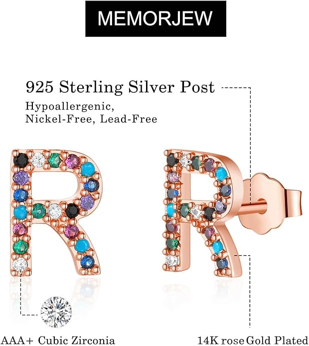 Memorjew Initial Stud Earrings for Women, Hypoallergenic 925 Sterling Silver Post Rainbow Cubic Zirconia Gold Plated 26 Initial Earrings for Women Jewelry Gifts