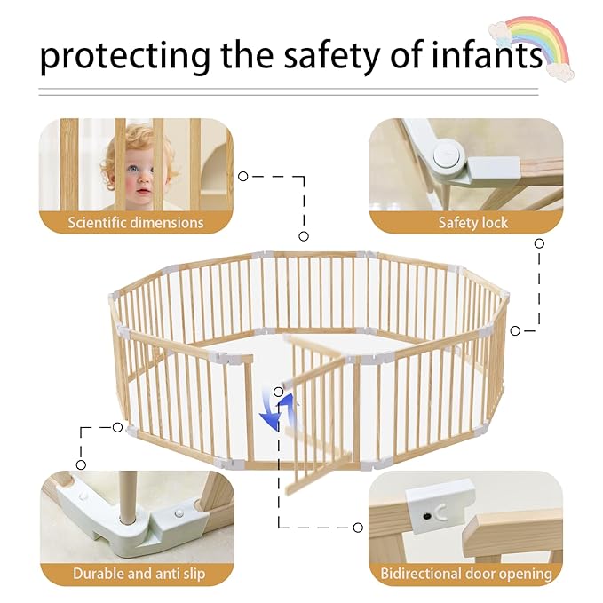 Baby Playpen, Foldable Wooden Play Yard with Gate, Playpen for Babies and Toddlers, Adjustable Baby Activity Center with Child Proof Lock, Fence Play Area for Toddlers 6 to 36 months(56*83*24inch)
