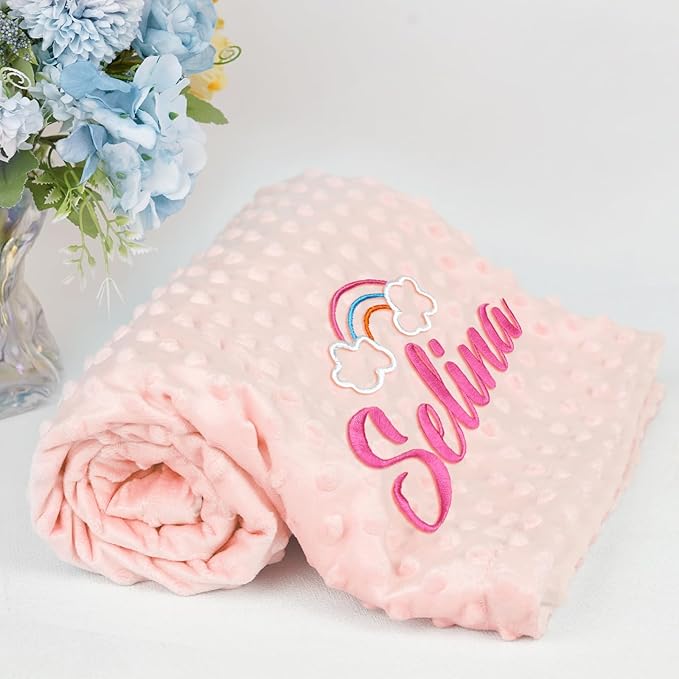 Personalized Baby Blanket with Embroidered Name, Custom Blanket for Girls Boys, Personalized Christmas Birthday for Girls Boys Newborn Essentials (Cherry-Pink)