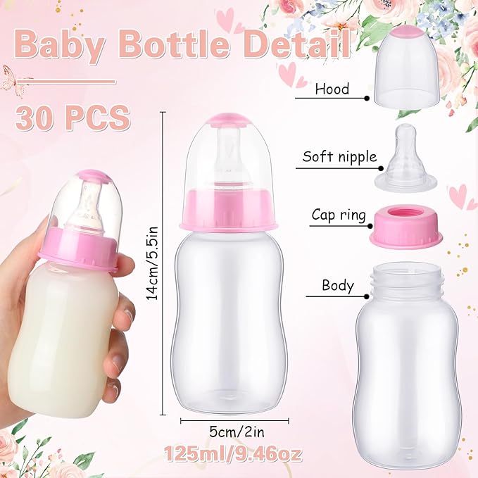 30 Pcs Baby Shower Favors Party Game Mini Baby Bottles Gift Sets for Boy Girl Gender Reveal Birthday Party Supplies Gift (Pink)