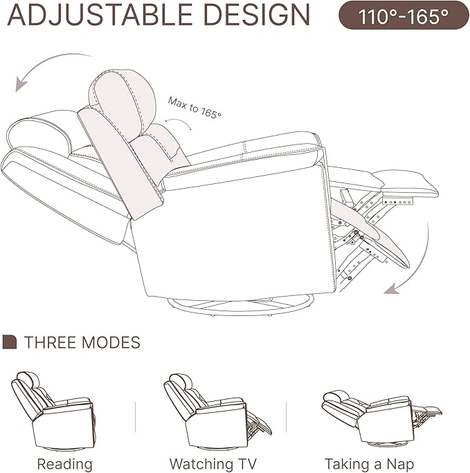 Leather Recliner Chair, 360° Swivel Rocker for Adults Manual Rocking Reclining Chair with Adjustable Backrest Footrest for Living Room Bedroom Home Theater Seating