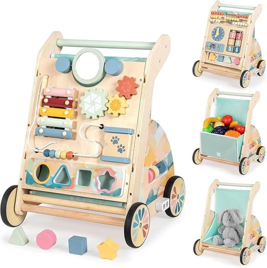LOL-FUN Wooden Baby Walker with Double-Sided Busy Board, Push Walker for Baby with Adjustable Speed Wheels, Activity Learning Walker for Boys 6-12 Months