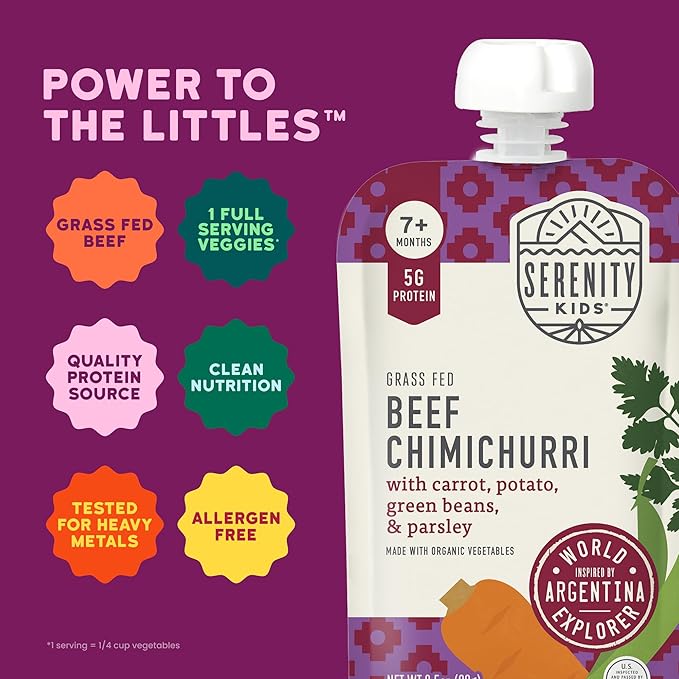 Serenity Kids 7+ Months Baby Food Puree Pouches Beef Chimichurri - Ethically Sourced Meat & Organic Veggies - BPA-Free Pouches - Toddler Food & Baby Snack - 3.5 Oz, 12 Pack