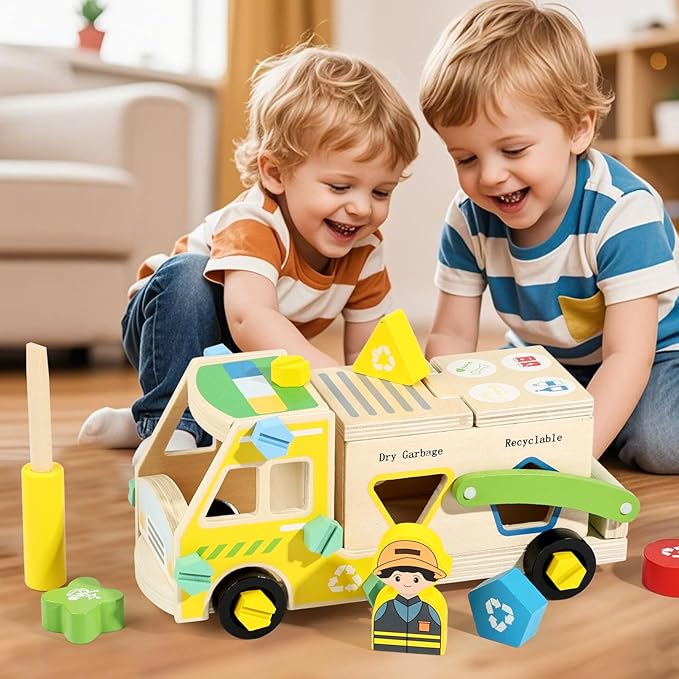 LOVELAND Wooden Recycling Truck Toy Take-Apart Garbage Sorting Truck