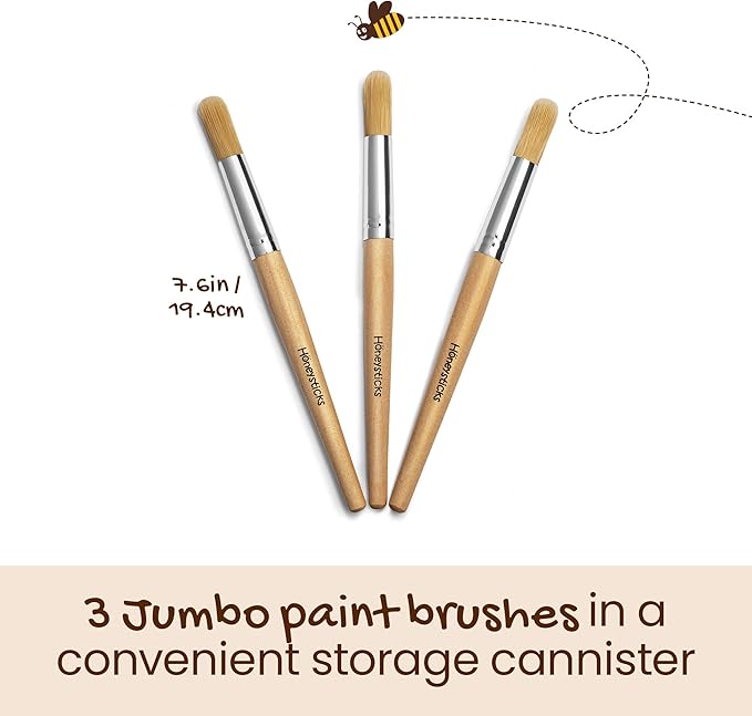 Honeysticks Jumbo Paint Brush Set - 3 Pack. Jumbo Paint Brushes for Kids with a Large Wood Handle for Easy Grip. Perfect for Toddler and Preschool Painting. Handy Storage Container. Vegan.