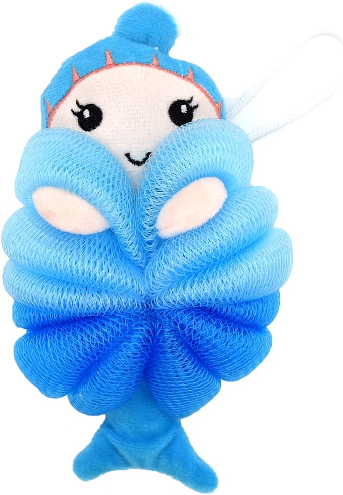 Cute Unicorn Kids Bath Loofahs Balls for Baby Girls Boys Mesh Shower Ball Pouf Exfoliating Bath Sponge Body Cleaner Bath Accessories (Blue Mermaid)