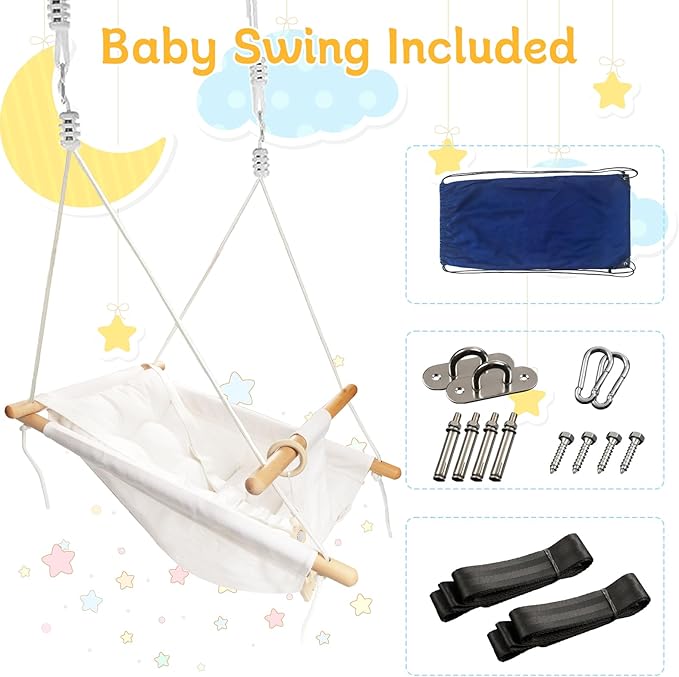 Baby Swing Outdoor Indoor for Infants to Toddlers, Portable Adjustable Baby Porch Swing with 5-Point Safety Belt, Kids Tree Hanging Chair Toys for Door Garden Backyard