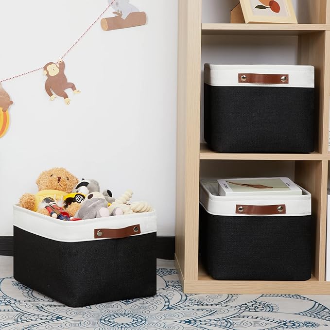 HNZIGE Large Storage Baskets (3 Pack) - Fabric Bins with Leather Handles, Foldable for Organizing Clothes, Toys (Black & White, 15" x 11" x 9.5")