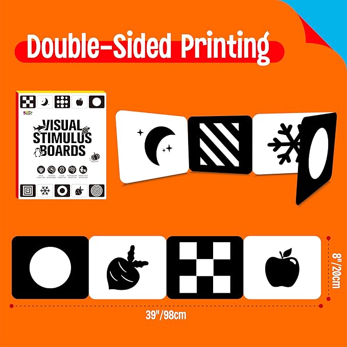 2 PCS Baby Visual Stimulus Cards, Double-Sided High Contrast Black and White Flashcards Sensory Developmental Montessori Cards Set for Newborn Boy Girl Baby Tummy Time (39” X 8”)