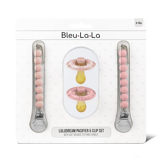 Luladream Pacifier and Clip Set - Natural Rubber Nipple - Soft Teething Handle - for Infants Baby's and Toddlers, 0-18 Months (Blush Pink + Rose Petal + Clips)