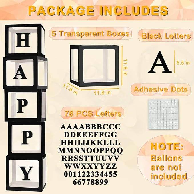 Ledido Black Transparent Balloon Boxes With 78 Letters, Letter Box for Baby Shower Clear Baby Box Black Balloon Boxes for Birthday, Bridal Shower, Graduation Prom Party Decoration, 5 PCS