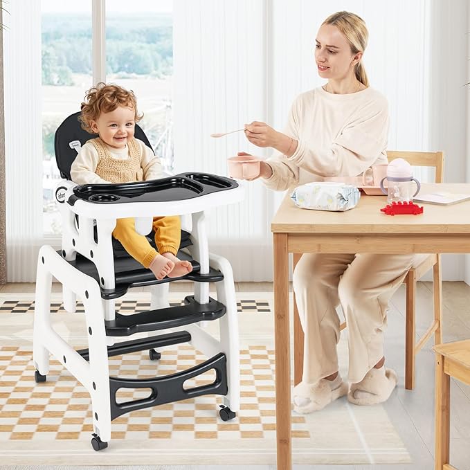 INFANS 5 in 1 Baby High Chair, Convertible Toddler Table Chair Set, Rocking Chair, Multi-Function Seat with Lockable Universal Wheels, Adjustable Seat Back, Removable Trays (Black)