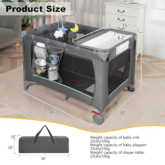 Pack and Play with Changing Table & Carry Bag, 4-in-1 Portable Crib Playpen for Newborn to Toddler, ASTM Certified Foldable Travel Crib with Bassinet(C-Cartoon)