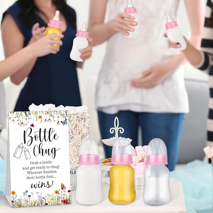 TrelaCo Bottle Chug Baby Shower Game Sign 20 Pcs Baby Bottles Shower Favor Plastic Greenery Flowers Bear Elephant Butterfly Gift Set for Gender Reveal Party (Wildflower,Blue)
