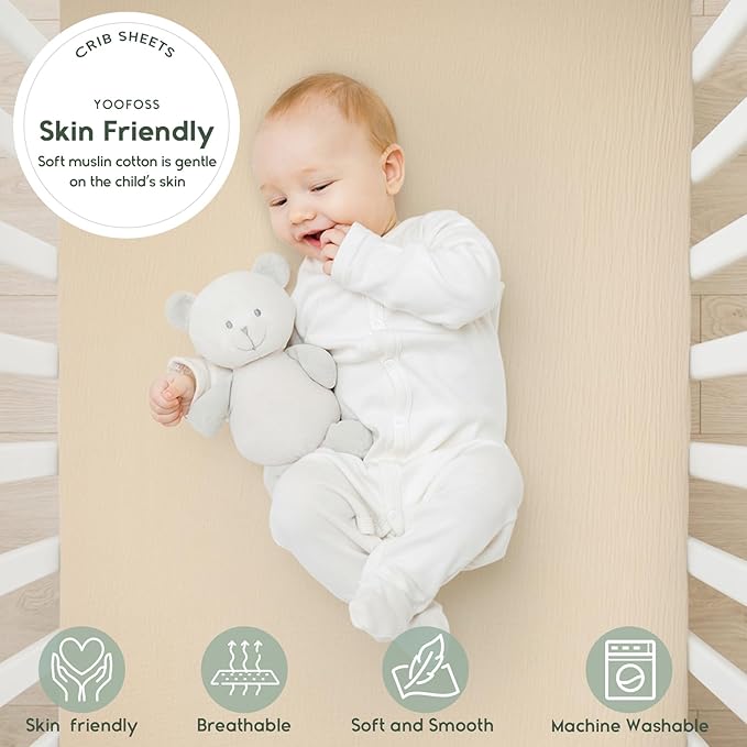 Yoofoss Muslin Crib Sheets for Boys Girls 100% Cotton Fitted Baby Crib Sheet 2 Pack Soft and Breathable for Standard Crib Mattress & Toddler Mattress 52"x28" Apricot&Green