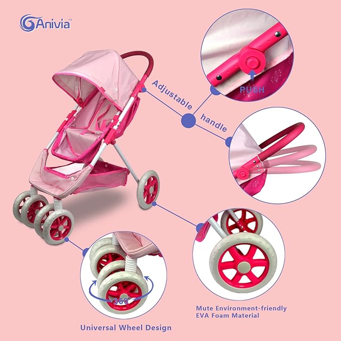 ANIVIA Dolls Pram, Doll Pushchair, 2 in 1 Stroller Dolls Pushchair & Pram Toys Gift for Kids, Suitable Dolls Up to 18 inch - Pink