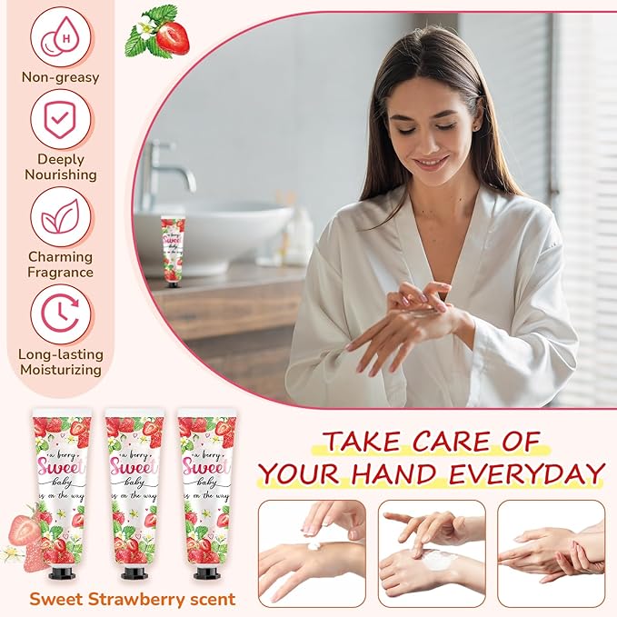 48 Sets Baby Shower Hand Cream Bulk Sweet Strawberry Baby Shower Favors Bridal Thank You Hand Cream for Guests Travel Size Lotion with Organza Bags