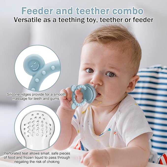 Baby Silicone Fruit Food Feeder Pacifier & Breastmilk Popsicle Freezer Molds,BPA Free Baby Food Storage Containers Frozen Ice Tray for Baby Feeding Safely, Infant Fruit Teething Toy (Blue)