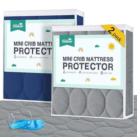 Mini Crib Mattress Protector Sheets Waterproof 2 Pack, Quilted Pack and Play Mattress Pad Cover Fits for Baby Mini Crib/Playen/Pack and Play Mattress, Grey & Navy, 38"x24"