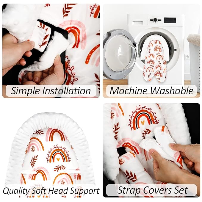 Infant Car Seat Head Support Rainbow Baby Carseat Head Support Cushion & Strap Covers for Newborns Ultra Soft Minky Dot Fabric Perfect for Baby Carseats, Strollers, Swing, and Bouncers