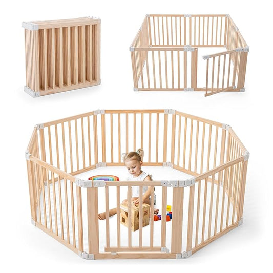 Foldable Wooden Playpen, Large Baby Wood Playpen with Locking Gate for Babies and Toddler 1-3 Year, Portable Play Yard for Activity Center Indoor Outdoor(Wood, 8 Panel)
