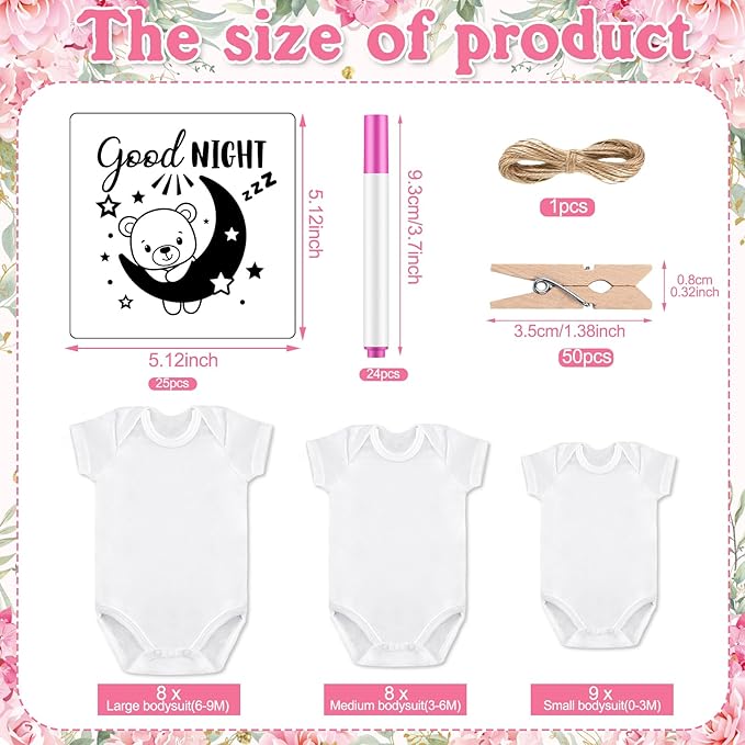 Panitay 126 Pcs Baby Shower DIY Bodysuit Set Rustic Kraft Baby Shower Game Sign DIY Bib 25 Blank White Newborn Bodysuit 25 Stencils 24 Marker 1 Sign 50 Pins for Gender Reveal(Pink Elephant)