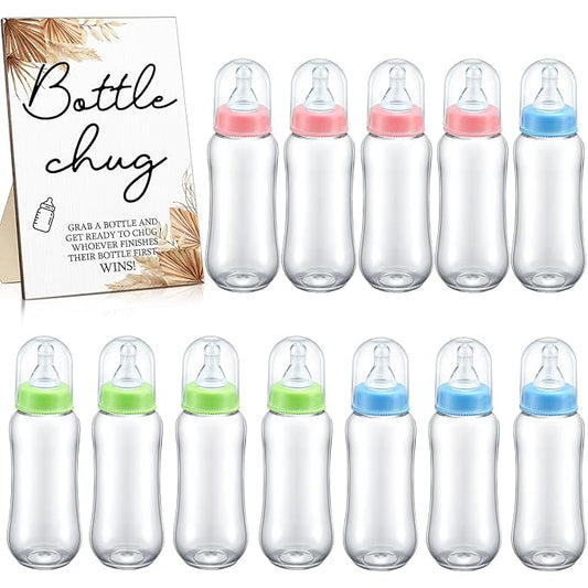 Roowest Bottle Chug Baby Shower Game Favors 12 Pcs Baby Bottles Shower Favor with 1 Wooden Sign for Gender Reveal Party Supplies Gifts(Boho)