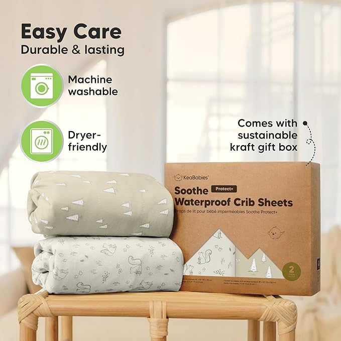 2-Pack Waterproof Crib Sheets for Boy, Girl - Organic Cotton 52X28 Fitted Crib Sheets Neutral,Crib Mattress Protector Sheets,Soft Toddler Bed Sheets,Washable Infant Fitted Baby Crib Sheets(Pine Grove)