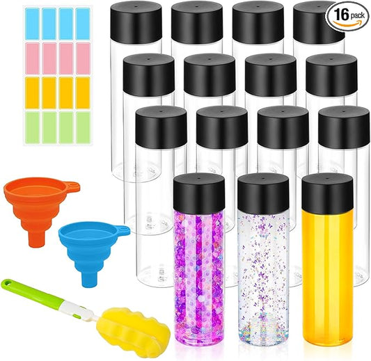 DI QIU REN 16 Pcs Clear Plastic Bottles Empty Sensory Bottles with Caps PET Plastic Juice Bottles Reusable Bulk Leakproof Drink Container Water Bottle for Juice Milk (Black Lid, 13.5 oz/ 400 ml)