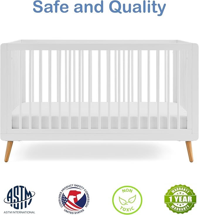 Tatum 3-in-1 Convertible Crib, White Finish, Solid Wood, Adjustable Mattress Height, Converts to Toddler Bed & Daybed, Fits Standard Full-Size Crib Mattress