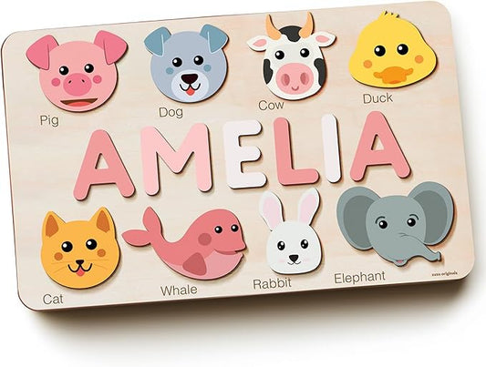 Personalize Name Puzzle for Toddlers with Animals, Boys and Girls 0 1 2 3 Year Old, Personalized Puzzle for Kids, 1 Year Old Girl and Boy Kid Gifts, Customized Baby Gift, Educational Name Toy