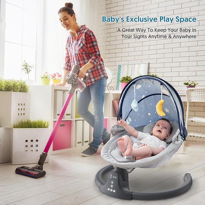 Bluetooth Baby Swing for Infants, Compact & Portable Baby Swing, 3 Seat Positions, 5 Swing Speed, 10 Music, Remote Control, USB Plug-in Power, Reversible Cushion for All Seasons